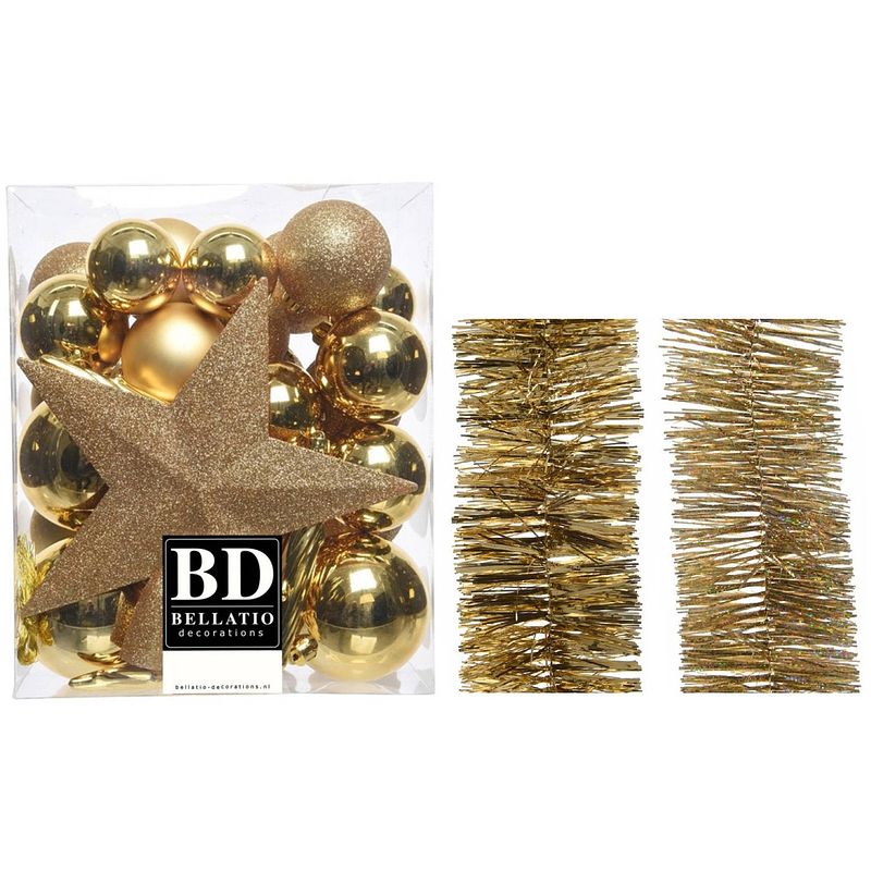 Foto van Kerstversiering kerstballen 5-6-8 cm met ster piek en folieslingers pakket goud van 35x stuks - kerstbal