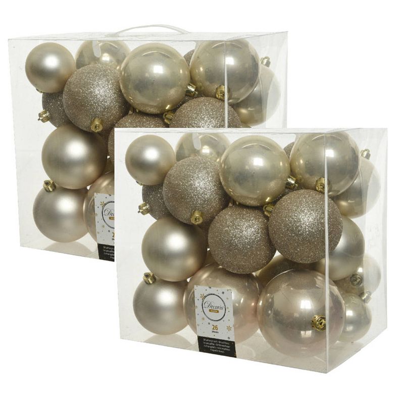 Foto van 52x stuks kunststof kerstballen licht parel/champagne 6-8-10 cm glans/mat/glitter - kerstbal