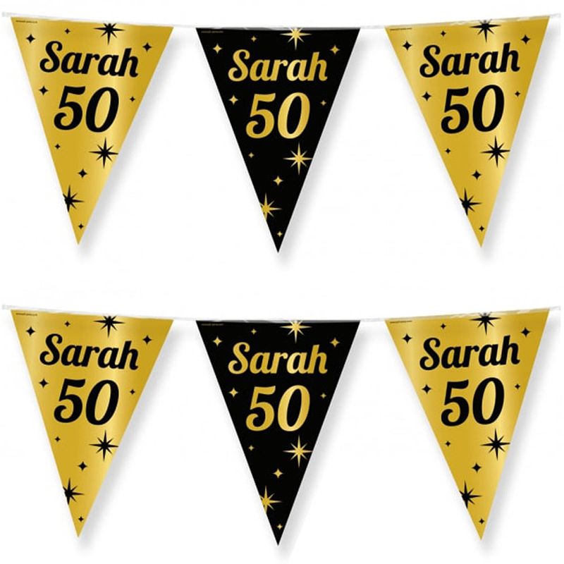 Foto van 2x stuks paperdreams vlaggenlijn - luxe sarah/50 jaar feest- 10m - goud/zwart - folie - vlaggenlijnen