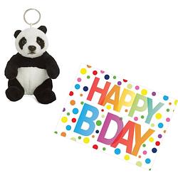 Foto van Pluche knuffel panda beer sleutelhanger 10 cm met a5-size happy birthday wenskaart - knuffel sleutelhangers
