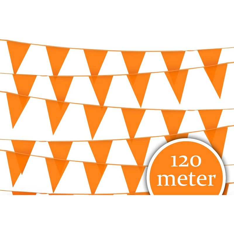 Foto van Oranje versiering 12 stuks vlaggenlijn 10 meter oranje vlaggetjes