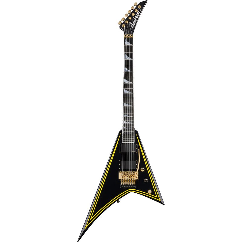 Foto van Jackson mj series rhoads rr24mg eb black with yellow pinstripes elektrische gitaar met foam core koffer