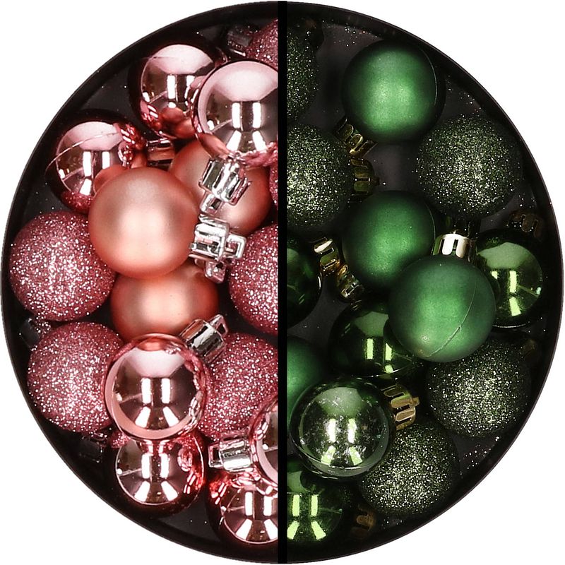 Foto van 34x stuks kunststof kerstballen roze en donkergroen 3 cm - kerstbal