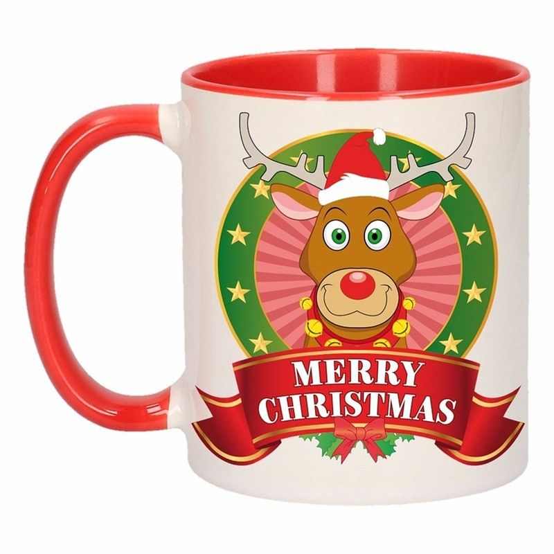 Foto van 1x kerst beker / mok - rood met wit - 300 ml keramiek - rendier rudolf print