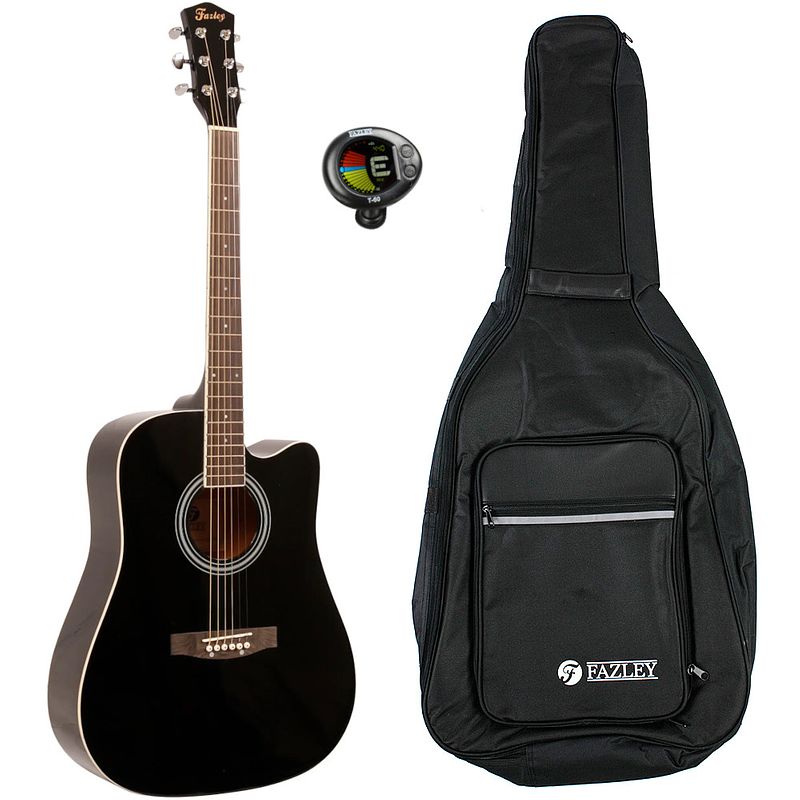 Foto van Fazley w40-bk akoestische western gitaar zwart + gigbag + stemapparaat