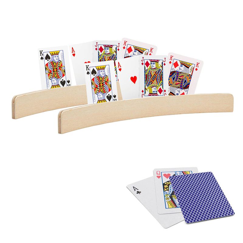 Foto van 2x stuks speelkaarthouders hout 35 cm inclusief 54 speelkaarten blauw - speelkaarthouders
