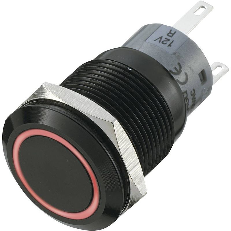 Foto van Tru components 702165 las1-agq-11e/r vandalismebestendige druktoets 250 v/ac 5 a 1x uit/(aan) moment rood (ø x l) 22 mm x 37 mm ip67 1 stuk(s)