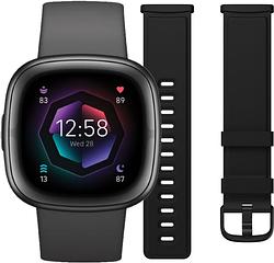 Foto van Fitbit sense 2 zwart + leren bandje zwart l