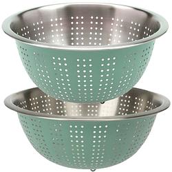 Foto van Rvs keuken vergiet/zeef - set met 2 formaten - mintgroen - diameter 24 en 27 cm - vergieten