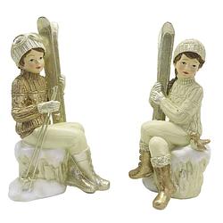 Foto van Clayre & eef beeld set van 2 kinderen 18 cm beige goudkleurig kunststof decoratief figuur decoratieve accessoires