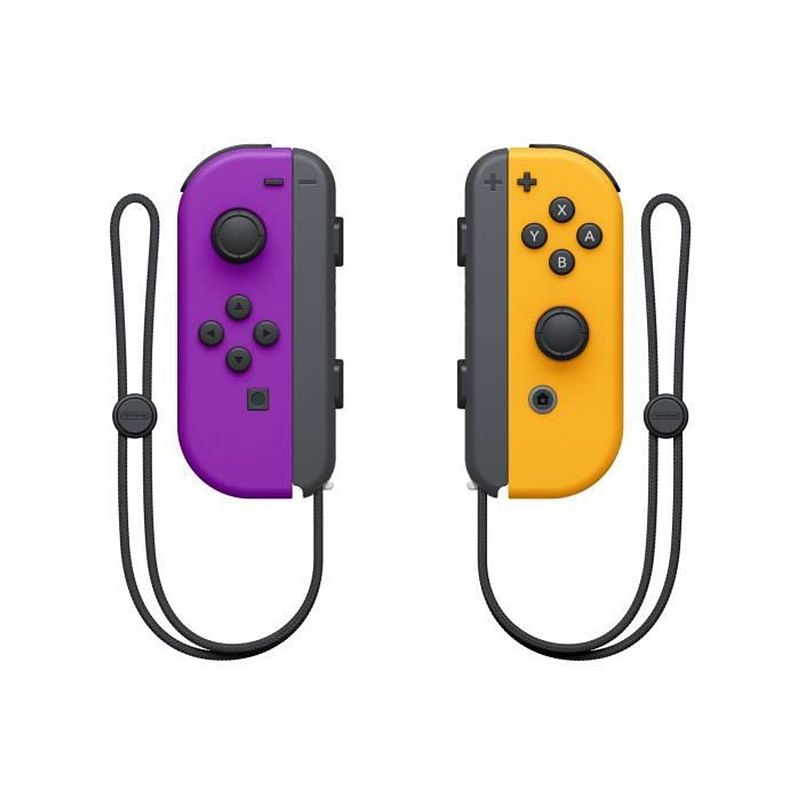 Foto van Nintendo paar joy-con links neon paars en rechts neon oranje rechts