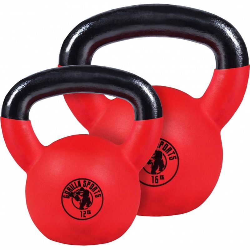 Foto van Gorilla sports kettlebells - gietijzer (rubber coating) - 12 kg & 16 kg - set