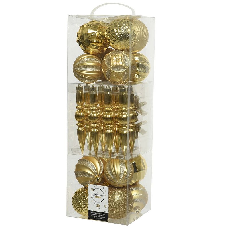 Foto van 30x stuks kunststof kerstballen en ornamenten goud mix - kerstbal