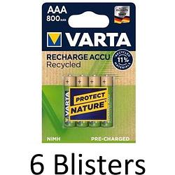 Foto van 24 stuks (6 blisters a 4 st) varta recharge accu recycled aaa oplaadbare batterijen 800 mah