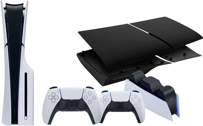 Foto van Playstation 5 slim disc edition + covers zwart + extra controller wit + oplaadstation