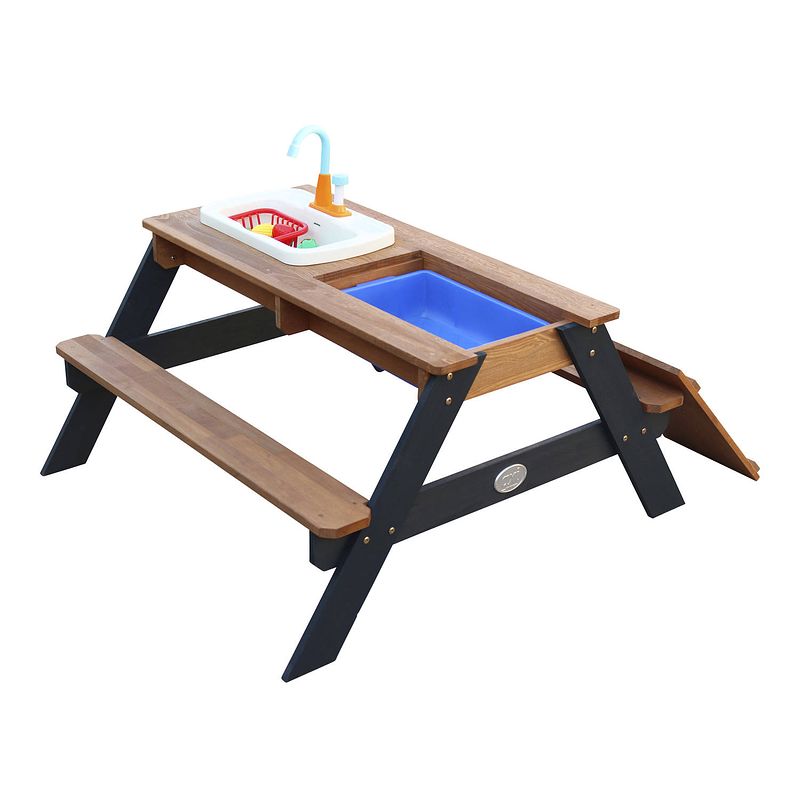 Foto van Axi emily zand & water picknicktafel van hout in antraciet / bruin watertafel & zandtafel met speelkeuken incl.