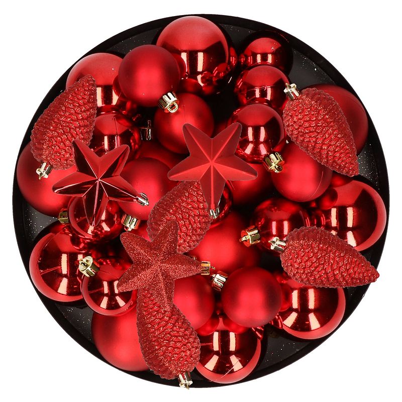 Foto van Kerstversiering kunststof kerstballen rood 6-8-10 cm pakket van 68x stuks - kerstbal