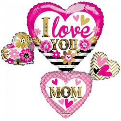 Foto van Kaleidoscope folieballon i love you mom many hearts 91 cm roze/goud