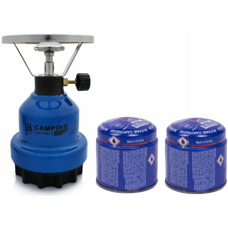 Foto van Camping kookstel metaal blauw incl. 2x gas navulling priktank 190 gram - kookbranders