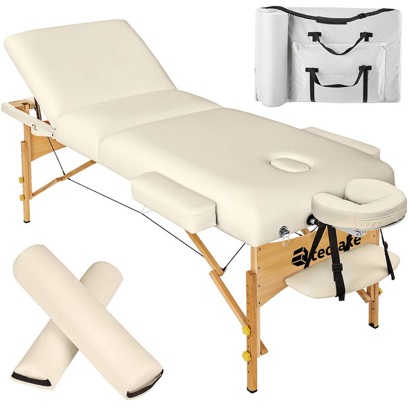 Foto van Tectake® - 3 zones massagetafel somwang 7,5cm matras en houten frame, incl. rolkussens - beige - 404943