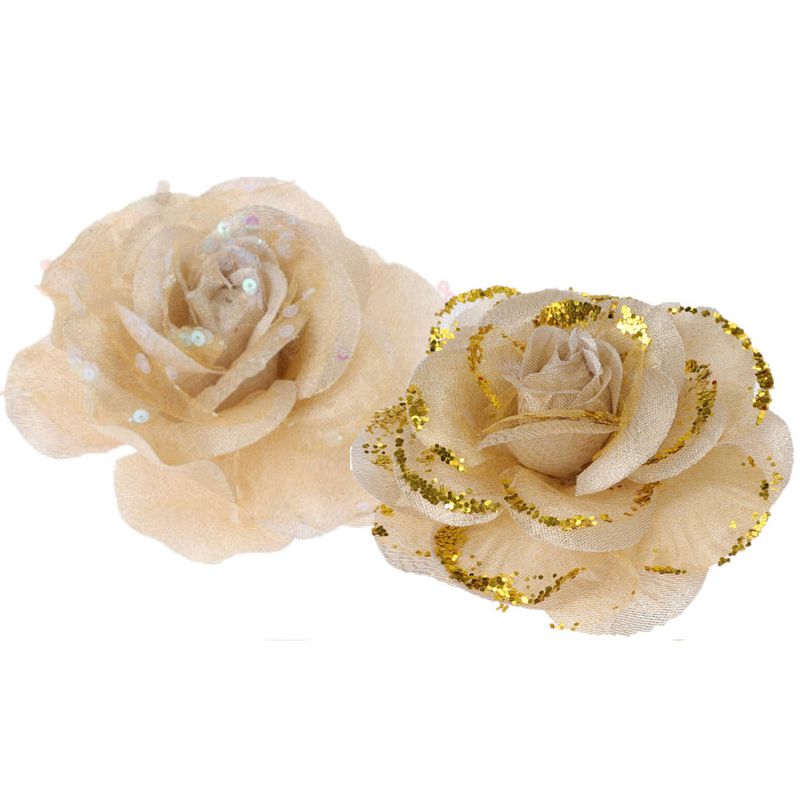 Foto van 2x stuks decoratie bloemen rozen goud op clip 9 cm - kunstbloemen