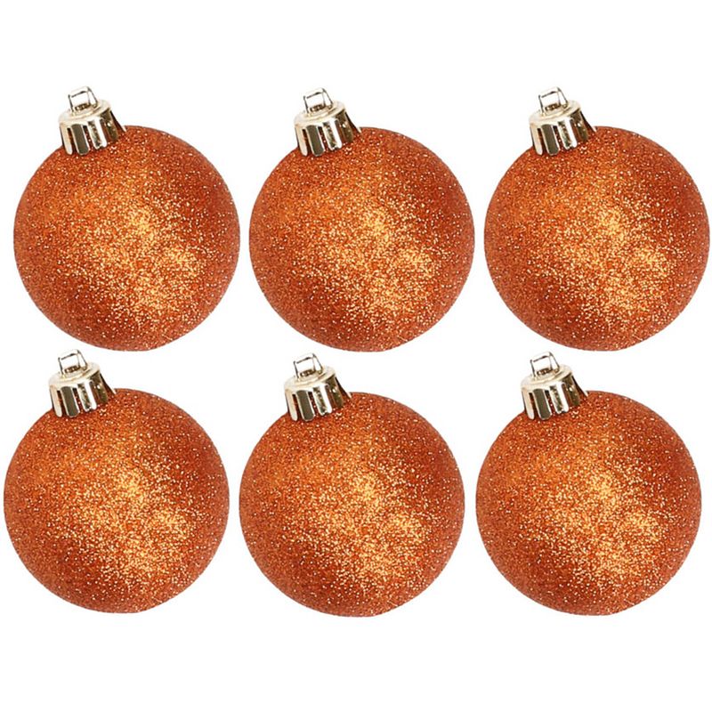 Foto van 6x stuks kunststof glitter kerstballen oranje 8 cm - kerstbal