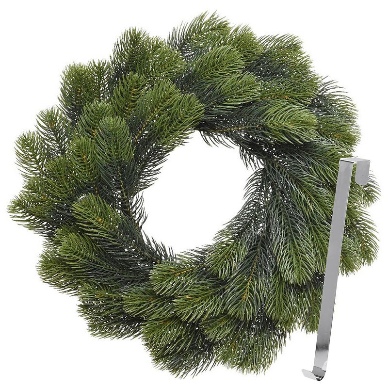 Foto van Kerstkrans 50 cm - groen - met zilveren hanger/ophanghaak - kerstversiering - kerstkransen