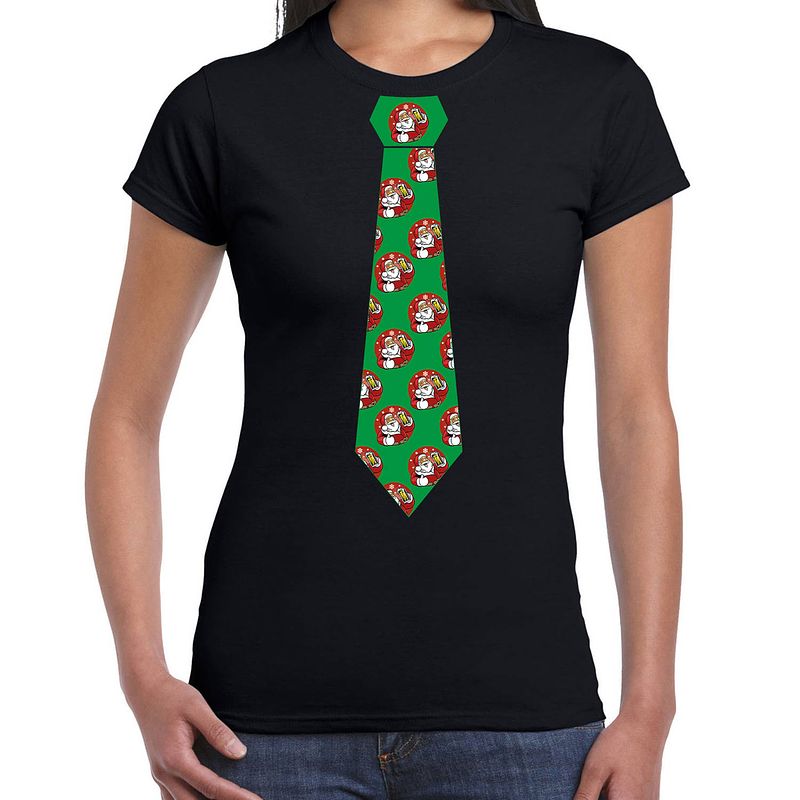 Foto van Stropdas kerst t-shirt kerstman met bier voor dames zwart xl - kerst t-shirts