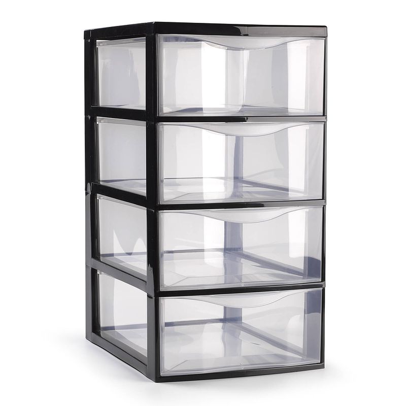 Foto van Plasticforte ladeblokje/bureau organizer 4x lades - transparant/zwart - l18 x b25 x h33 cm - ladeblok