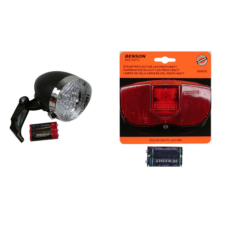 Foto van Setje fietsverlichting klassieke koplamp met achterlicht led universeel inclusief 5x aaa batterij - fietsverlichting