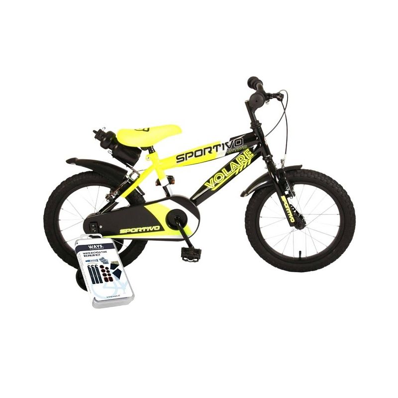 Foto van Volare kinderfiets sportivo - 16 inch - geel/zwart - twee handremmen - inclusief ways bandenplakset