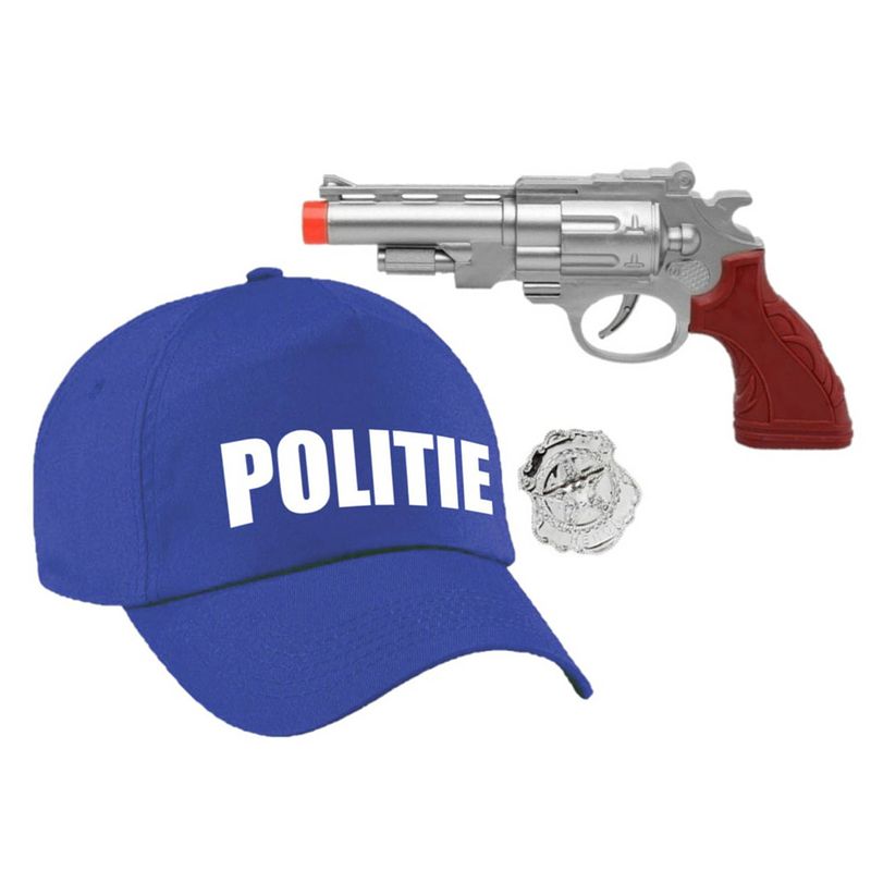 Foto van Politie verkleed cap/pet blauw met pistool voor volwassenen - verkleedhoofddeksels