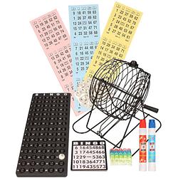 Foto van Bingospel zwart/wit 1-75 met bingomolen, 18 bingokaarten en 2 bingostiften - kansspelen