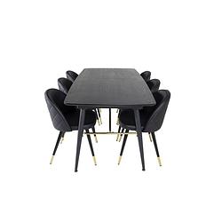 Foto van Gold eethoek eetkamertafel uitschuifbare tafel lengte cm 180 / 220 zwart en 6 velvet eetkamerstal pu kunstleer zwart.