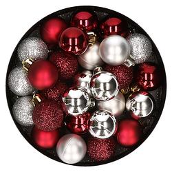 Foto van 28x stuks kunststof kerstballen zilver en donkerrood mix 3 cm - kerstbal