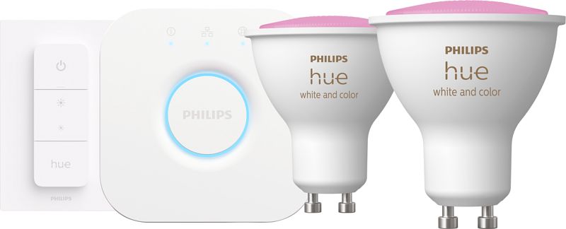 Foto van Philips hue white and color starter pack gu10 met 2 lampen, dimmer + bridge