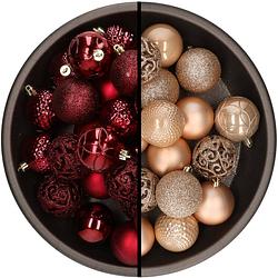 Foto van Kunststof kerstballen 74x stuks donkerrood en lichtbruin 6 cm - kerstbal