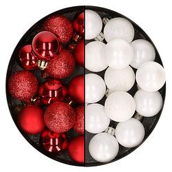 Foto van 28x stuks kleine kunststof kerstballen wit en rood 3 cm - kerstbal