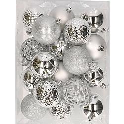 Foto van 37x stuks kunststof kerstballen zilver 6 cm inclusief kerstbalhaakjes - kerstbal