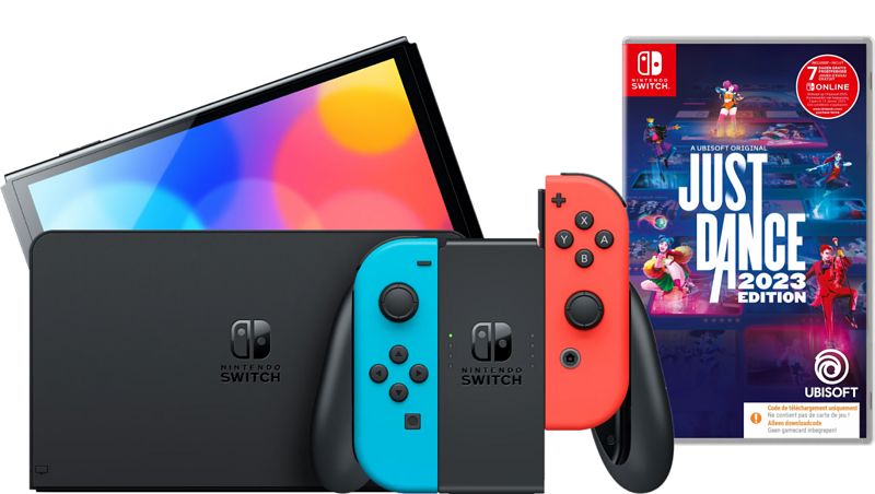 Foto van Nintendo switch oled rood/blauw + just dance 2023