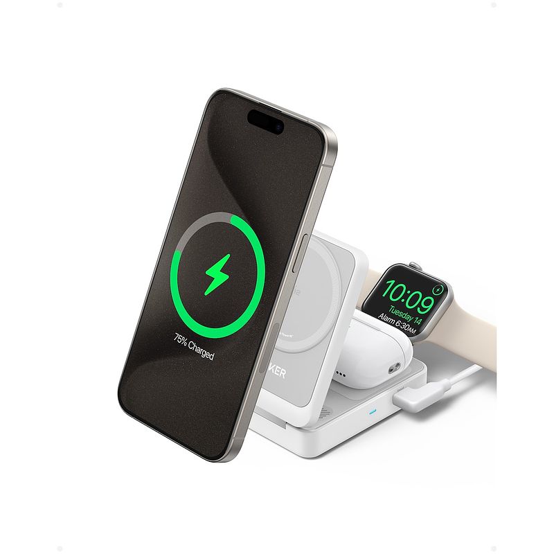 Foto van Anker maggo magnetic wireless charger 15w foldable 3-in-1 with charger bundle eu plug oplader wit