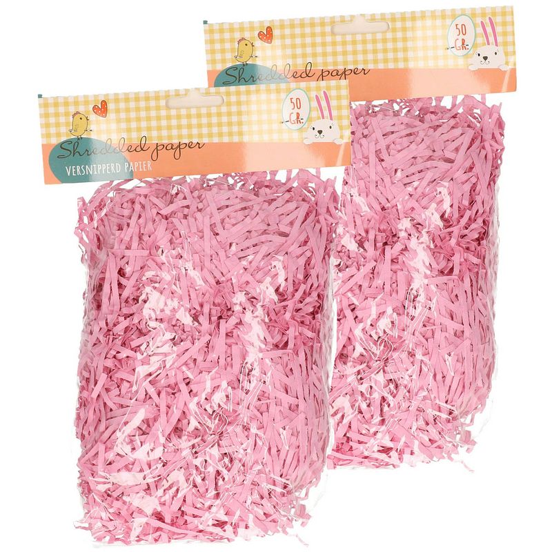 Foto van Set van 4x decoratie paasgras vulmateriaal - crepe papier - roze - 200 gram - feestdecoratievoorwerp