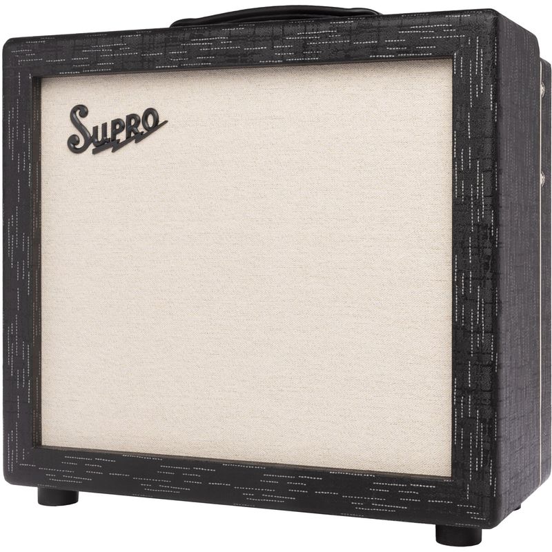 Foto van Supro 1614rt amulet 1x12 black scandia 15w gitaarversterker combo met buizen reverb en tremolo