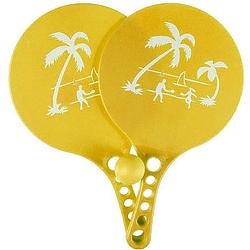 Foto van Kunststof beachball set geel - strand balletjes - rackets/batjes en bal - tennis ballenspel