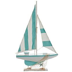 Foto van Giftdecor decoratiebeeldje zeilboot 67 cm hout turquoise/wit