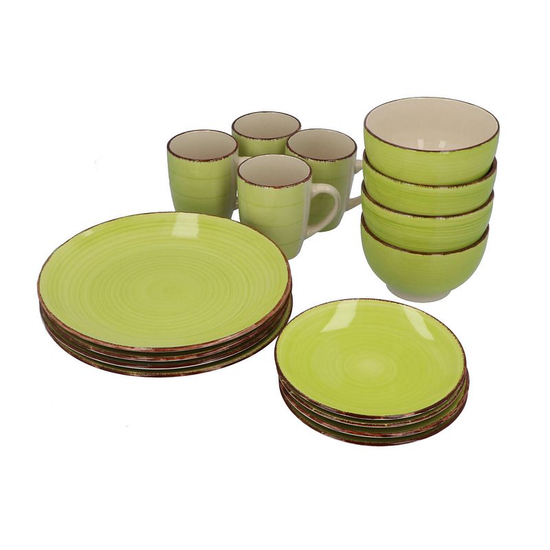 Foto van 4goodz aardewerk servies 4 personen / 16 delig - groen met beige