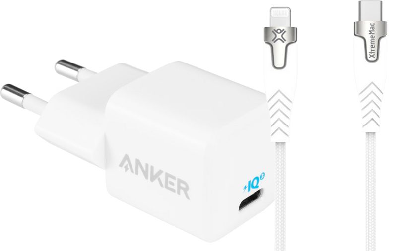 Foto van Anker power delivery oplader 20w + xtrememac lightning kabel nylon 2m wit