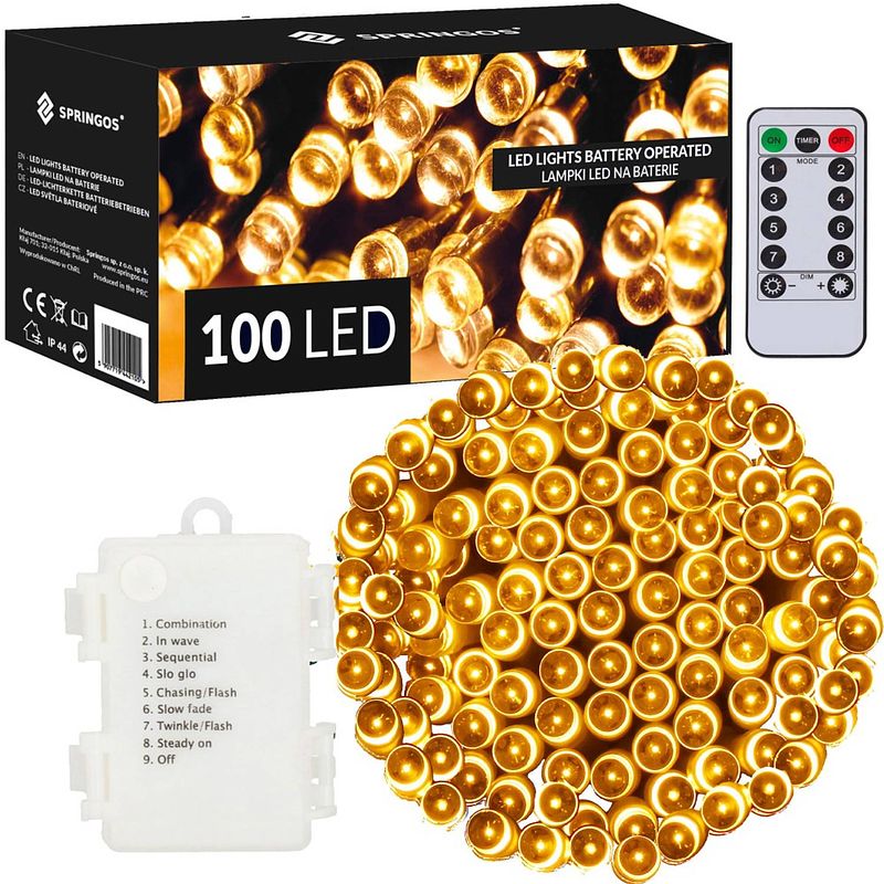 Foto van Kerstverlichting 10,5 m batterij afstandsbediening 100 led warm wit