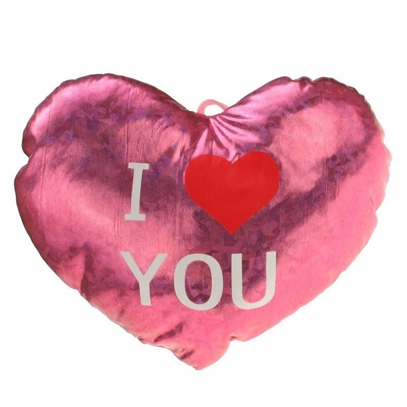 Foto van Pluche glimmend roze hart kussen i love you 14 cm - knuffelkussen