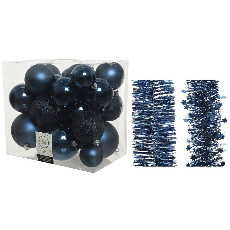 Foto van Kerstversiering kunststof kerstballen 6-8-10 cm met folieslingers pakket donkerblauw van 28x stuks - kerstbal